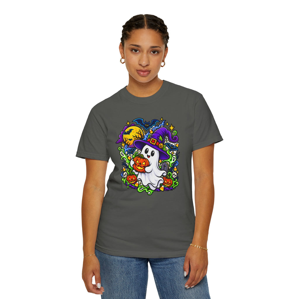 Unisex Halloween Ghost & Pumpkin Tee | Vibrant Spooky Adult Shirt