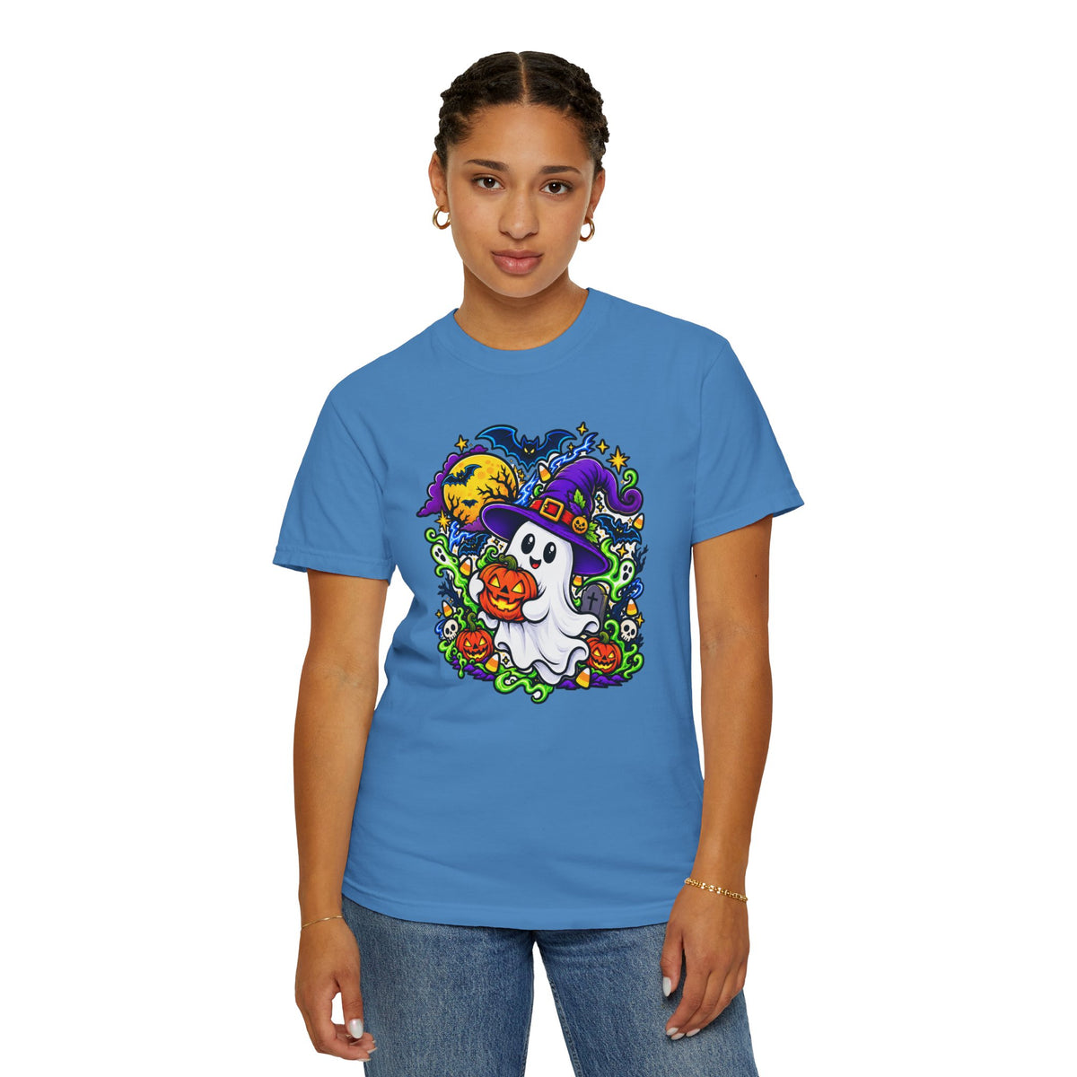 Unisex Halloween Ghost & Pumpkin Tee | Vibrant Spooky Adult Shirt