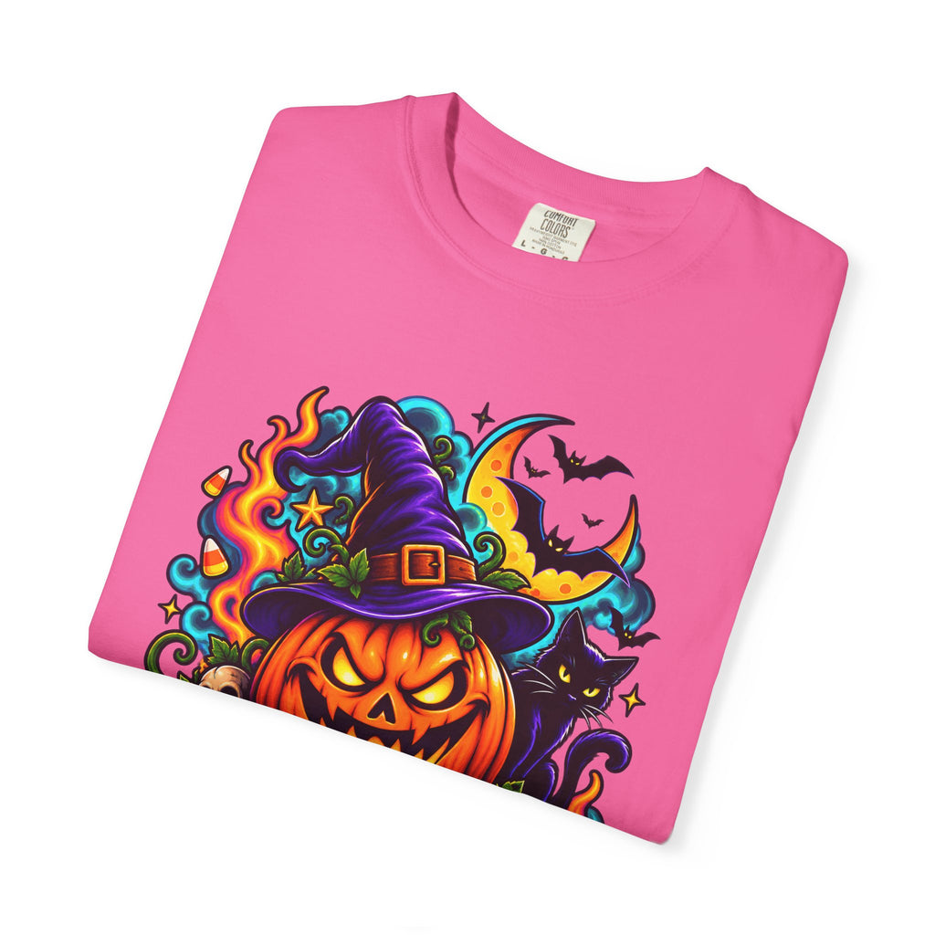 Unisex Halloween Pumpkin & Black Cat T-Shirt | Colorful Spooky Adult Tee