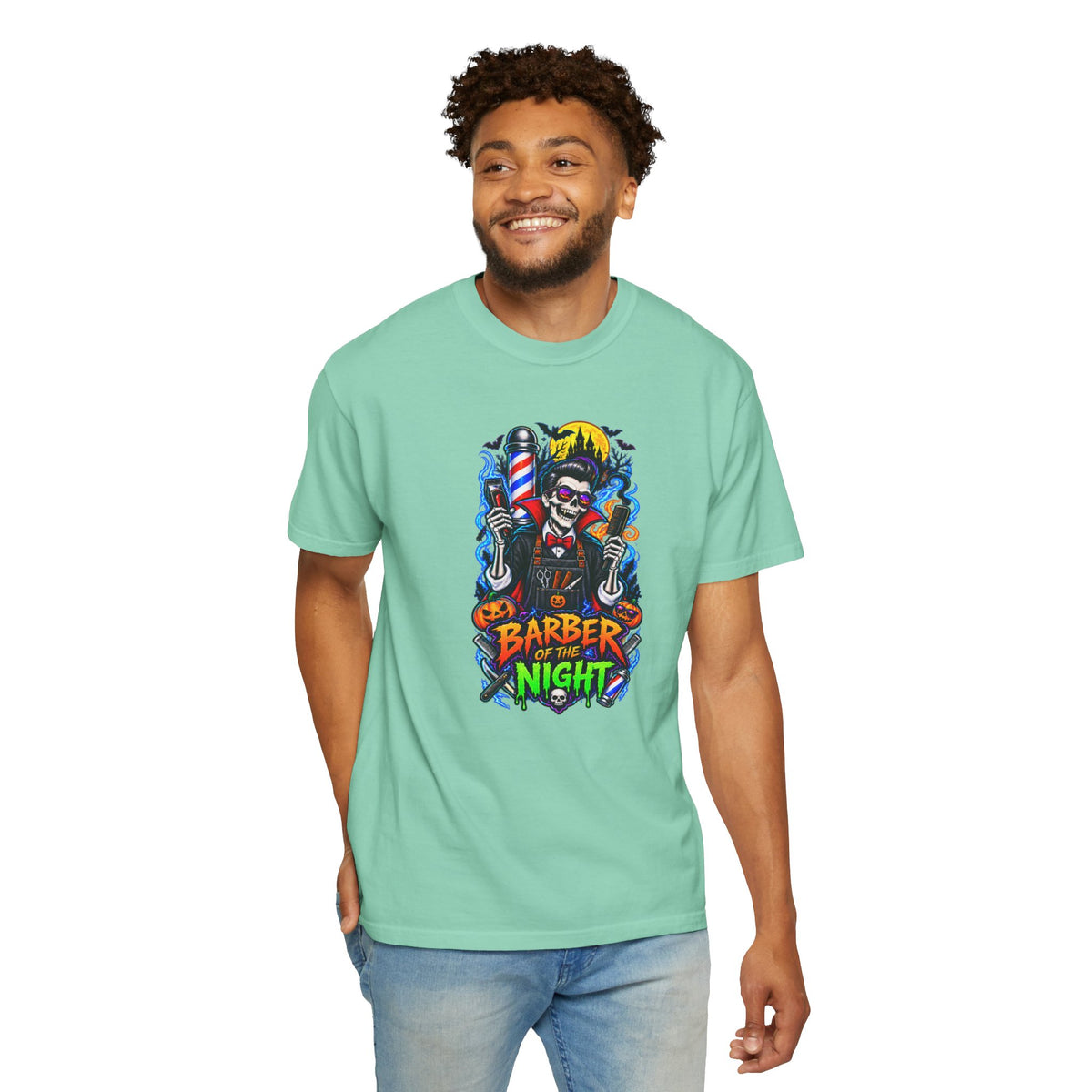 Barber of the Night Halloween Tee – Adult Unisex Barbershop Shirt