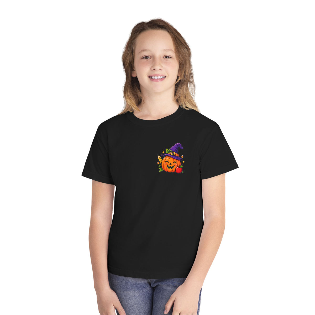 Kids Halloween Pumpkin Witch Hat Tee — Cute Jack-O'-Lantern with Apple & Pencils