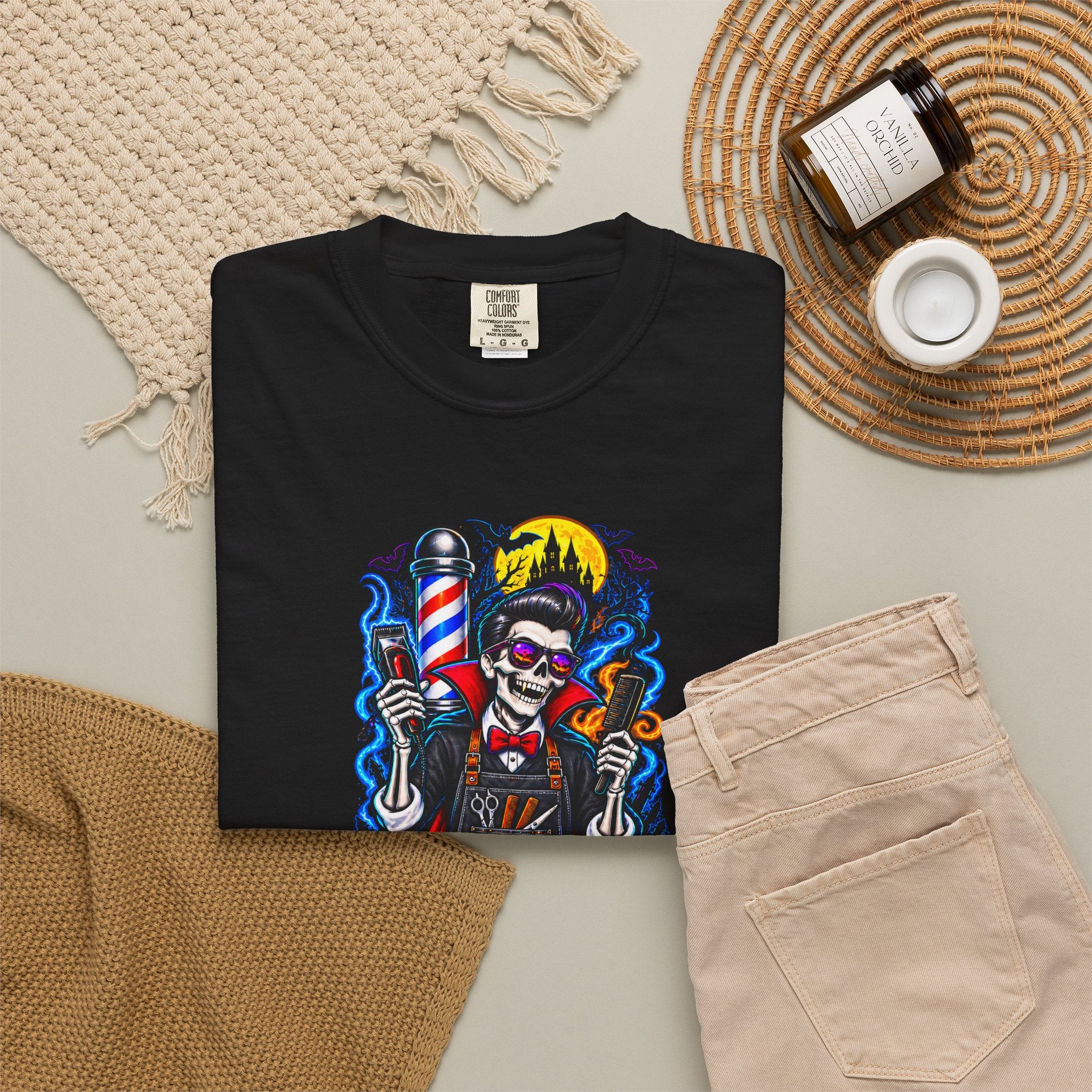 Barber of the Night Halloween Tee – Adult Unisex Barbershop Shirt