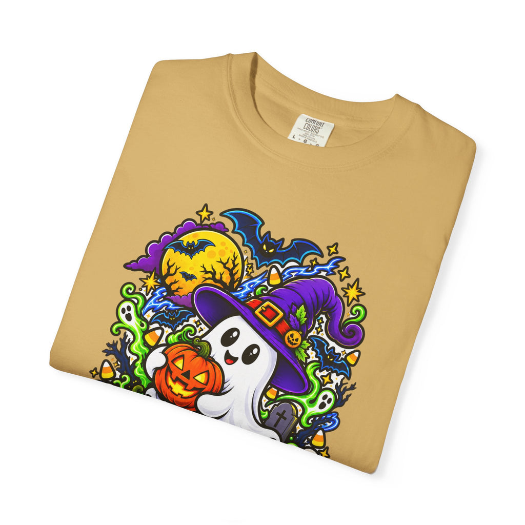 Unisex Halloween Ghost & Pumpkin Tee | Vibrant Spooky Adult Shirt