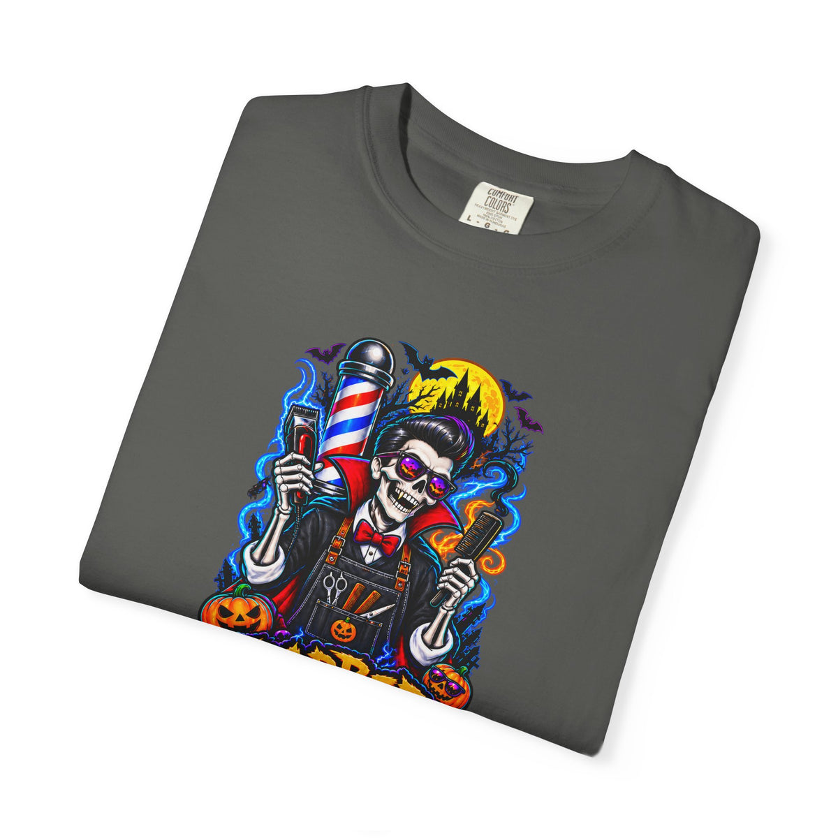 Barber of the Night Halloween Tee – Adult Unisex Barbershop Shirt