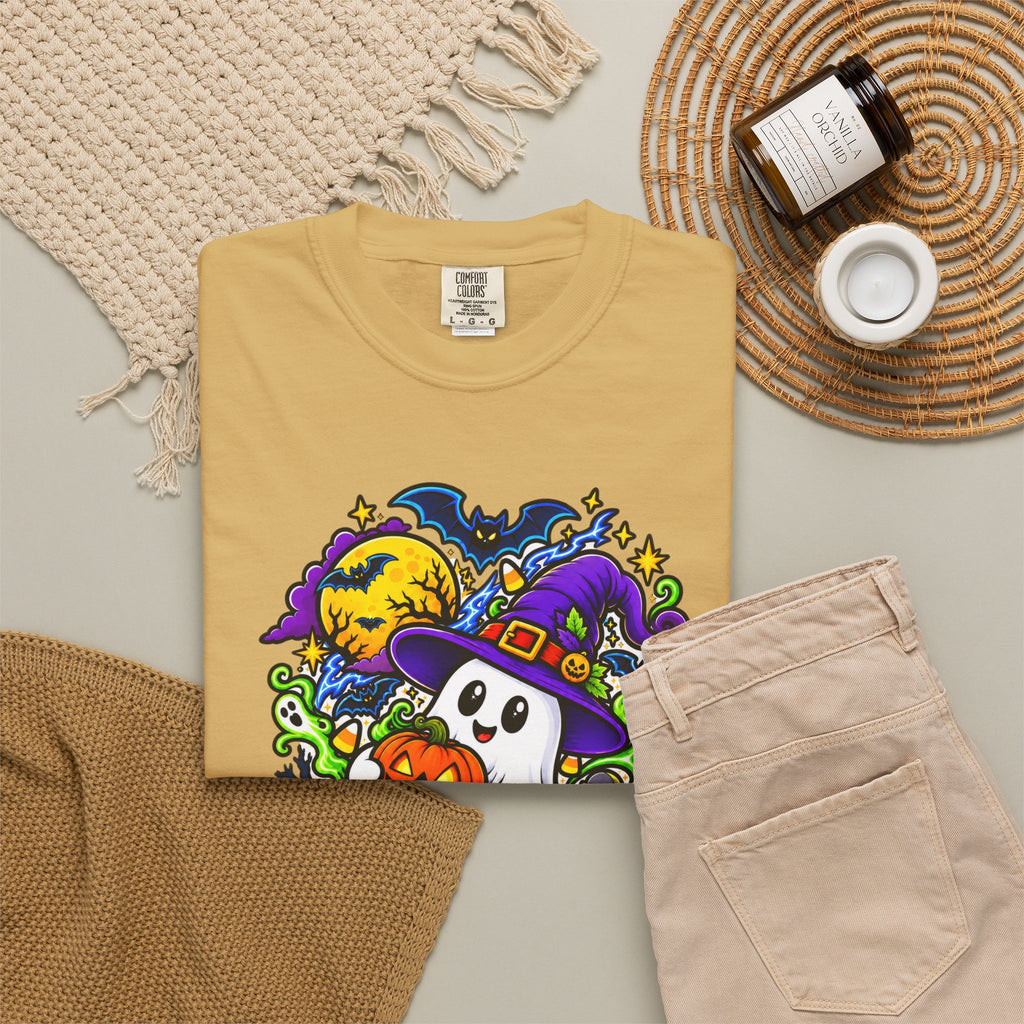 Unisex Halloween Ghost & Pumpkin Tee | Vibrant Spooky Adult Shirt