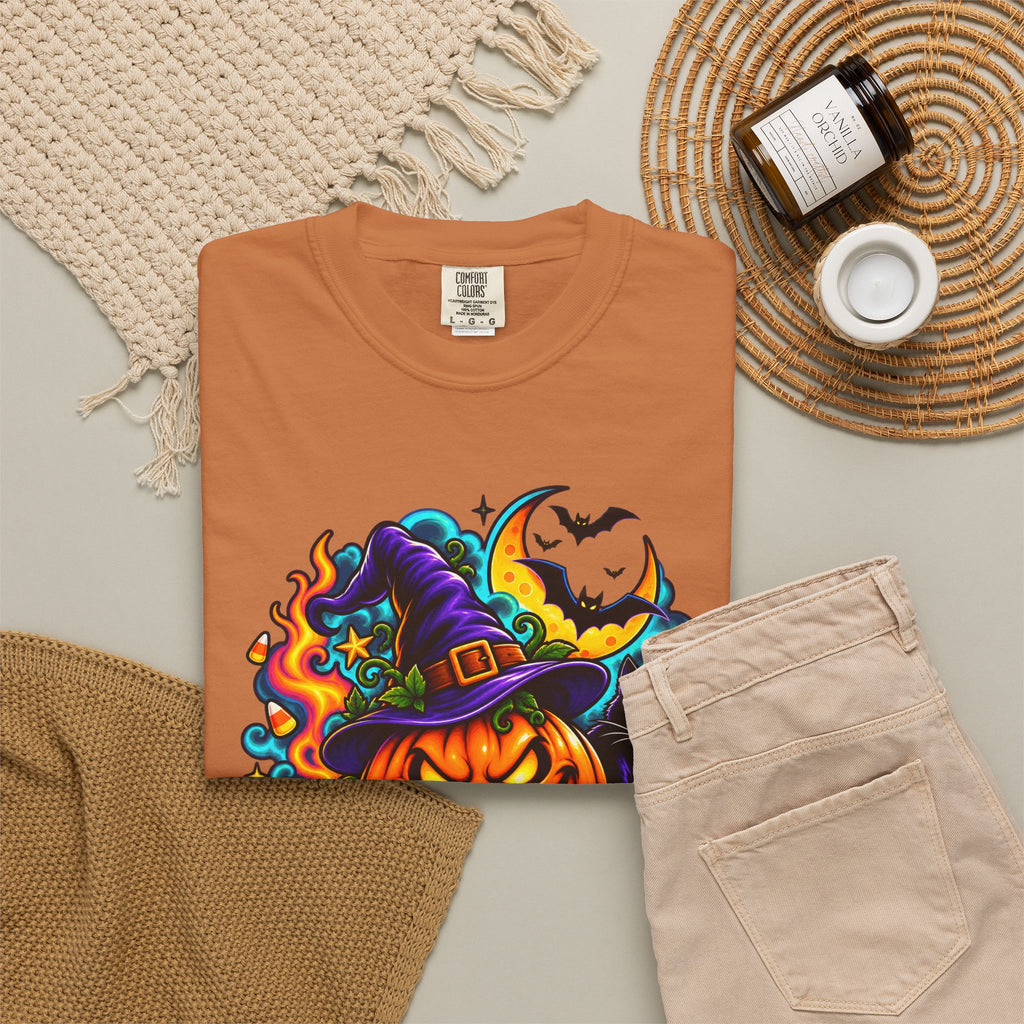Unisex Halloween Pumpkin & Black Cat T-Shirt | Colorful Spooky Adult Tee