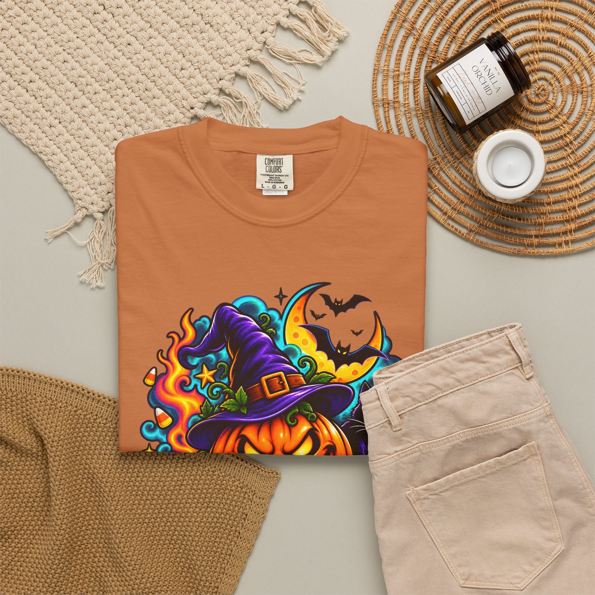 Unisex Halloween Pumpkin & Black Cat T-Shirt | Colorful Spooky Adult Tee