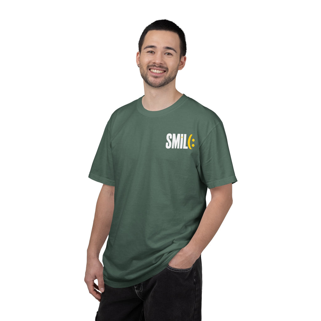 SMIL(: IT’S FREE. White & Yellow Front-and-Back Garment-Dyed Tee