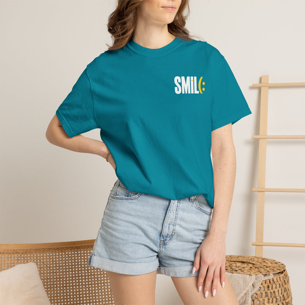 SMIL(: IT’S FREE. White & Yellow Front-and-Back Garment-Dyed Tee