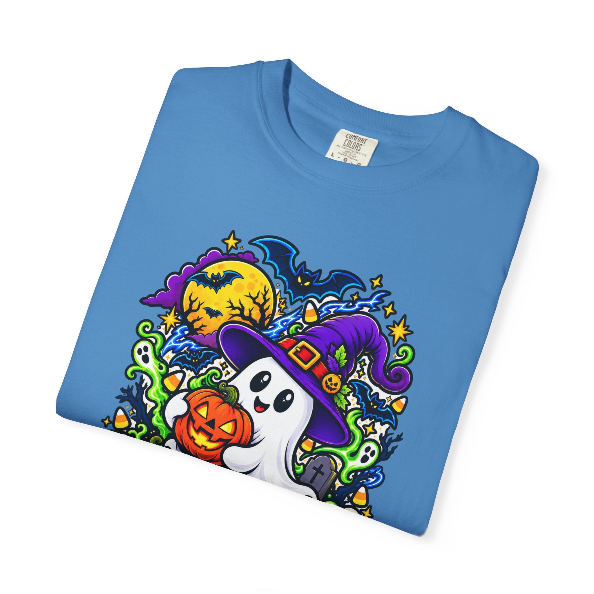 Unisex Halloween Ghost & Pumpkin Tee | Vibrant Spooky Adult Shirt