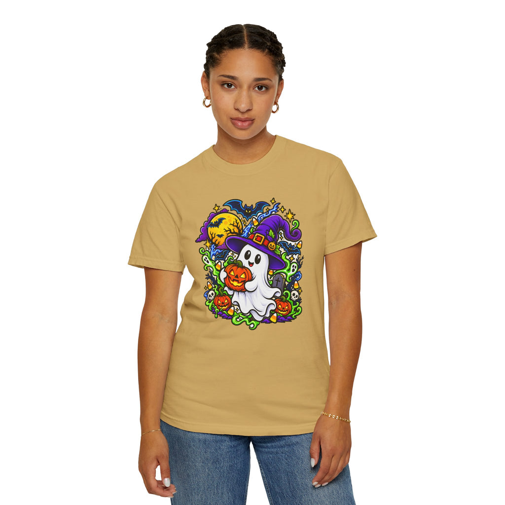 Unisex Halloween Ghost & Pumpkin Tee | Vibrant Spooky Adult Shirt