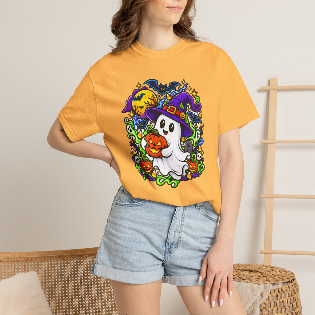 Unisex Halloween Ghost & Pumpkin Tee | Vibrant Spooky Adult Shirt