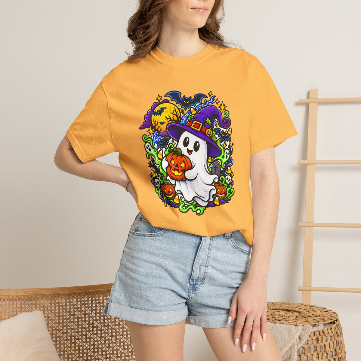 Unisex Halloween Ghost & Pumpkin Tee | Vibrant Spooky Adult Shirt