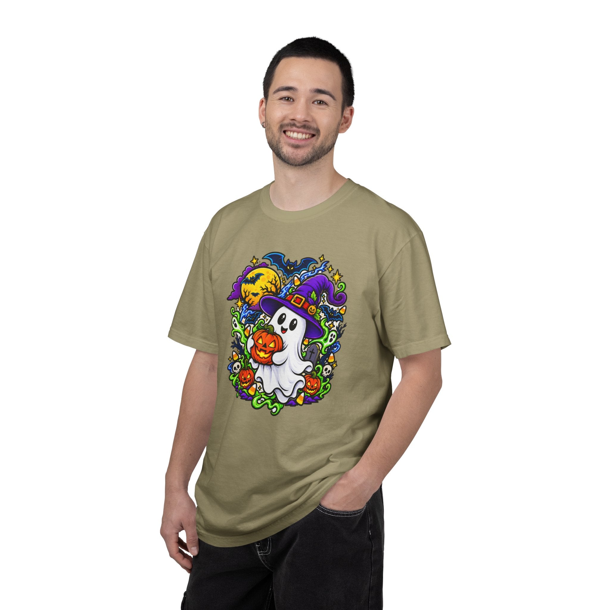 Unisex Halloween Ghost & Pumpkin Tee | Vibrant Spooky Adult Shirt