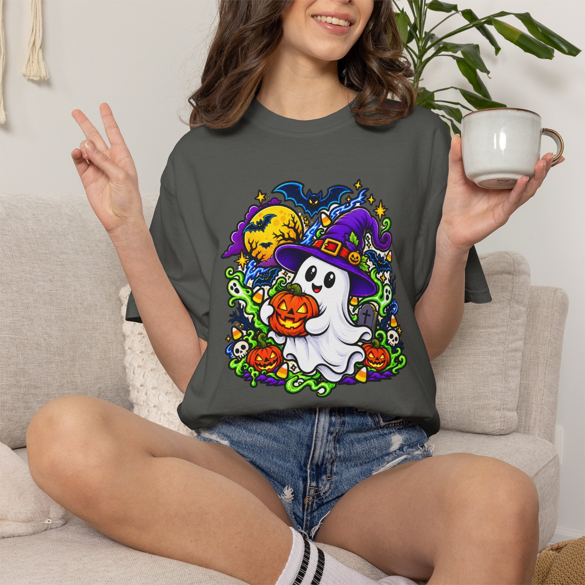 Unisex Halloween Ghost & Pumpkin Tee | Vibrant Spooky Adult Shirt