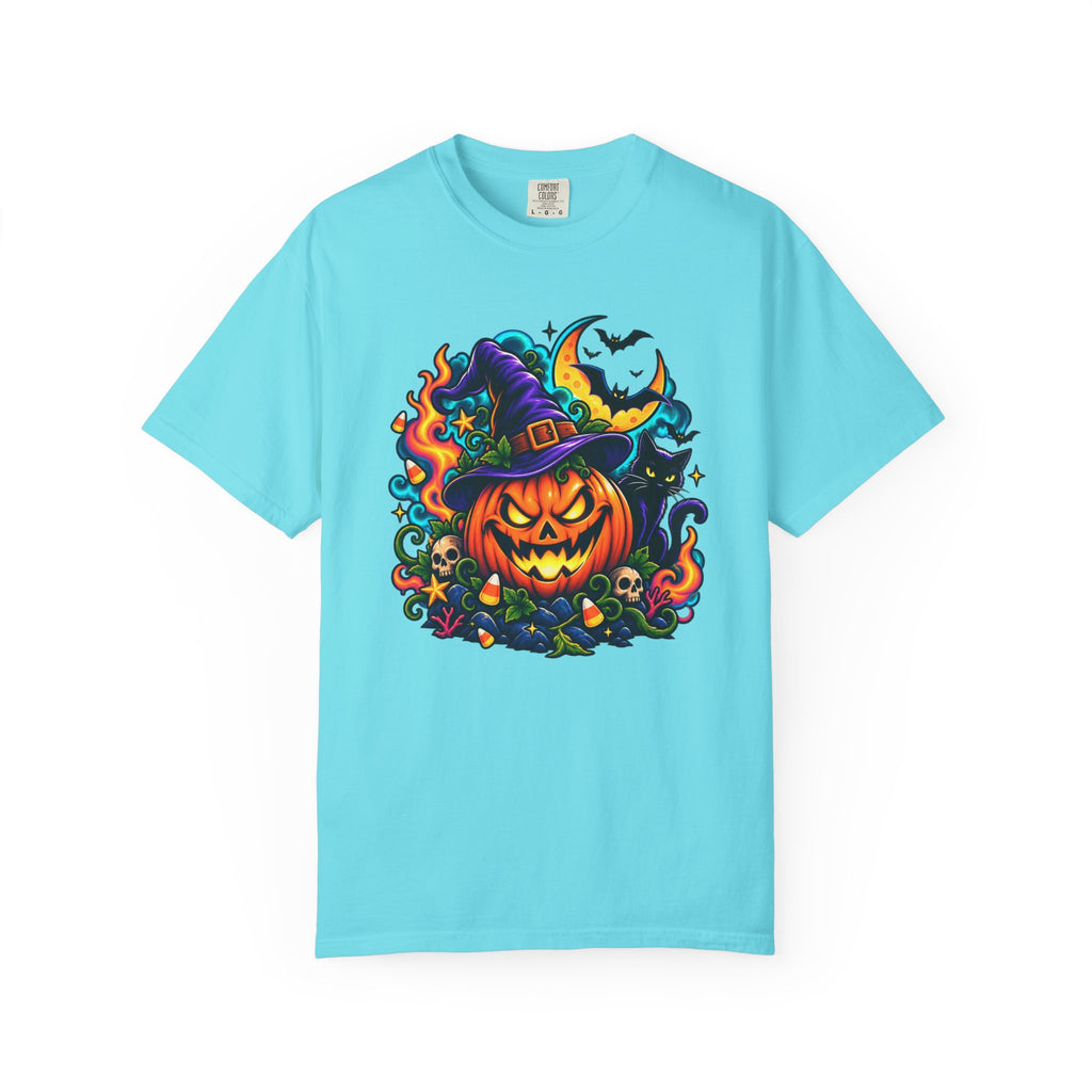 Unisex Halloween Pumpkin & Black Cat T-Shirt | Colorful Spooky Adult Tee