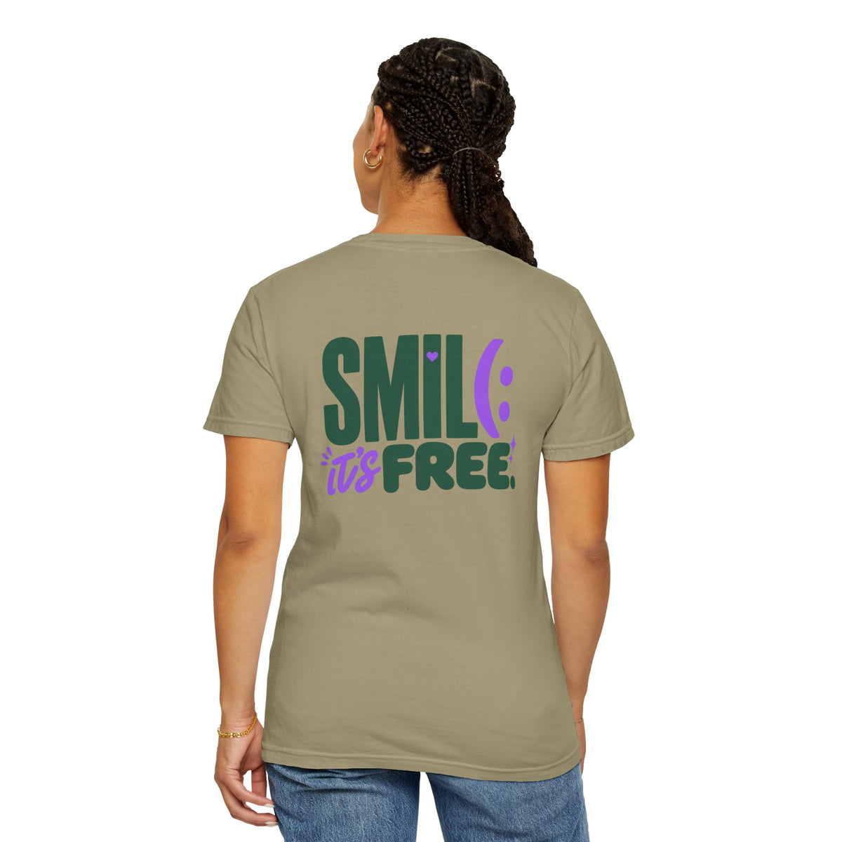 SMIL(: IT’S FREE. Green & Purple Front-and-Back Garment-Dyed Tee