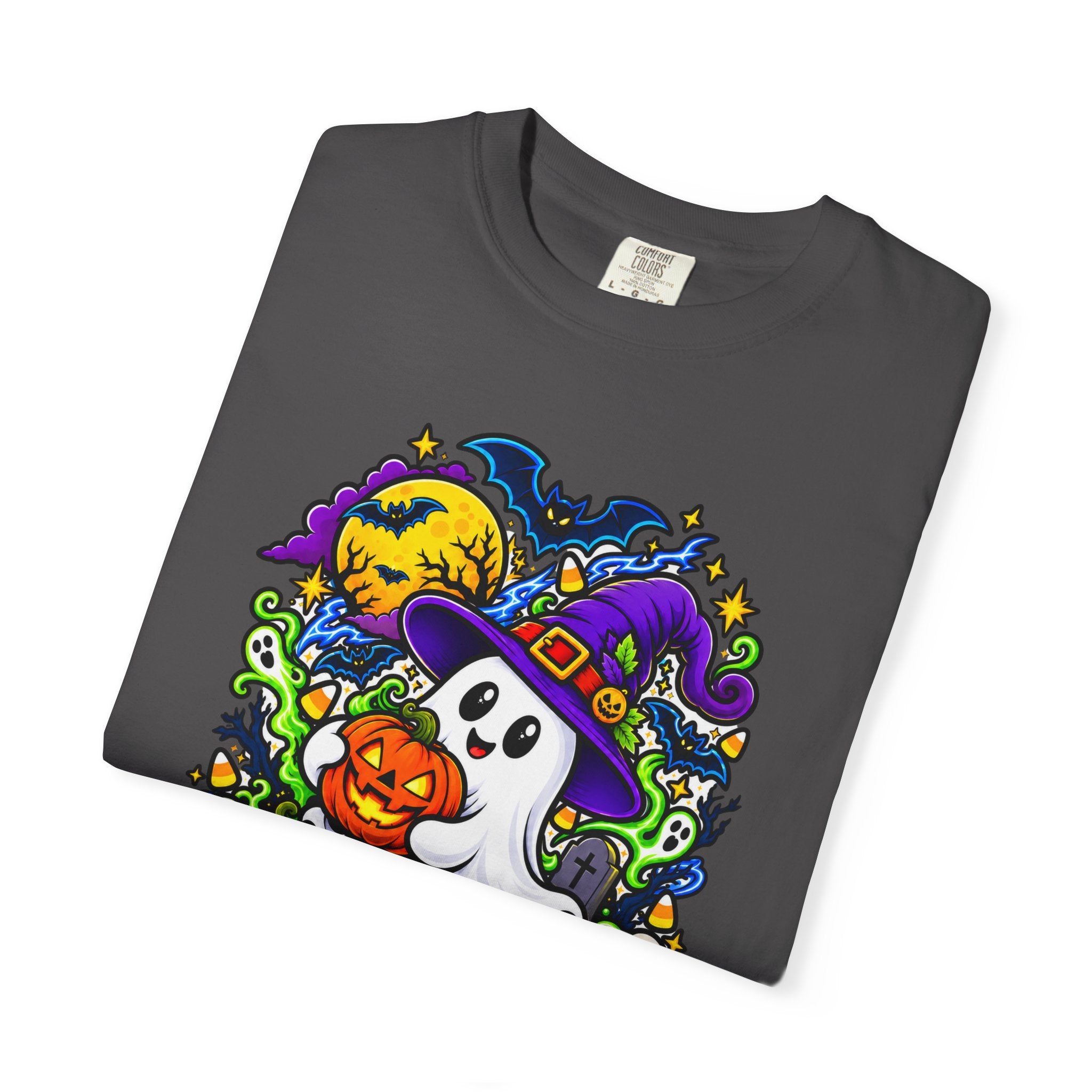 Unisex Halloween Ghost & Pumpkin Tee | Vibrant Spooky Adult Shirt