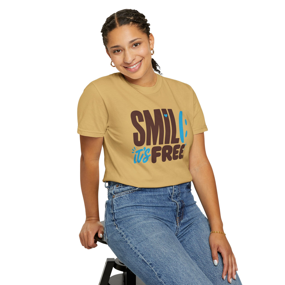 SMIL(: IT’S FREE. Brown & Bright Blue Garment-Dyed Graphic Tee