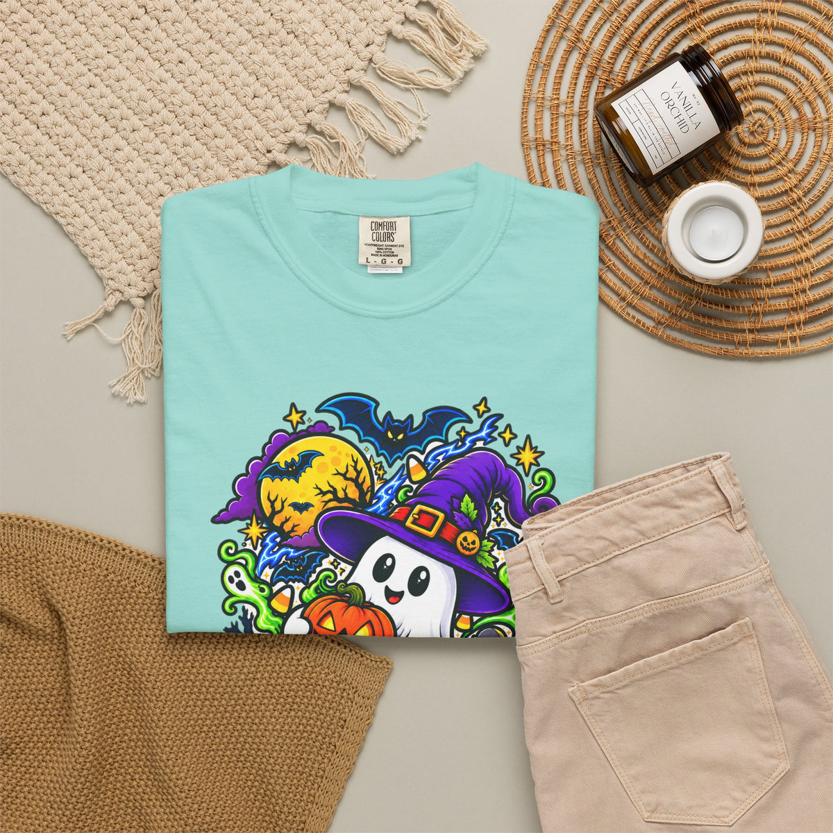 Unisex Halloween Ghost & Pumpkin Tee | Vibrant Spooky Adult Shirt
