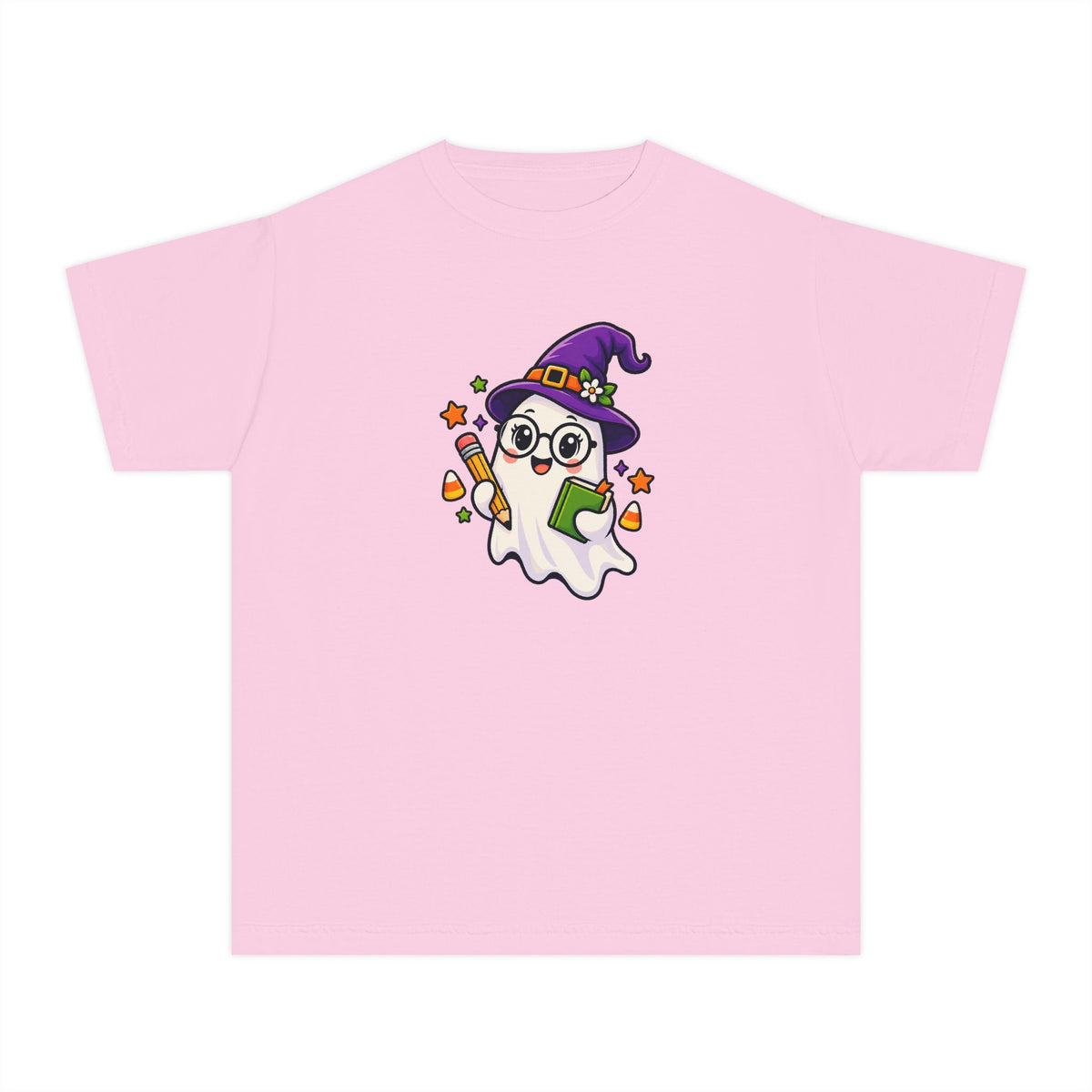 Kids Halloween Ghost Tee — Cute Witch Hat Ghost with Candy Corn & Trick-or-Treat Book