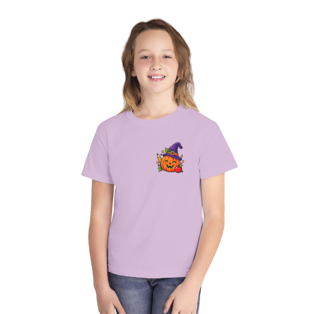 Kids Halloween Pumpkin Witch Hat Tee — Cute Jack-O'-Lantern with Apple & Pencils