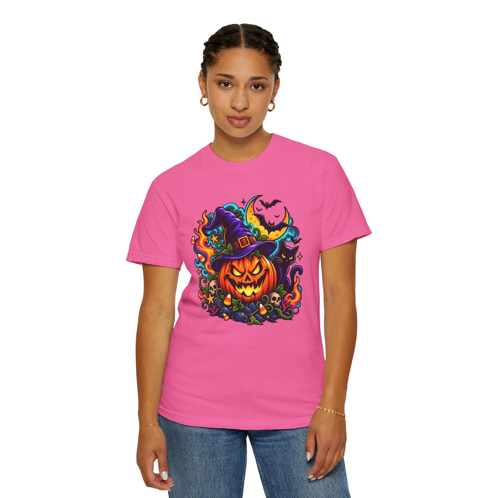 Unisex Halloween Pumpkin & Black Cat T-Shirt | Colorful Spooky Adult Tee