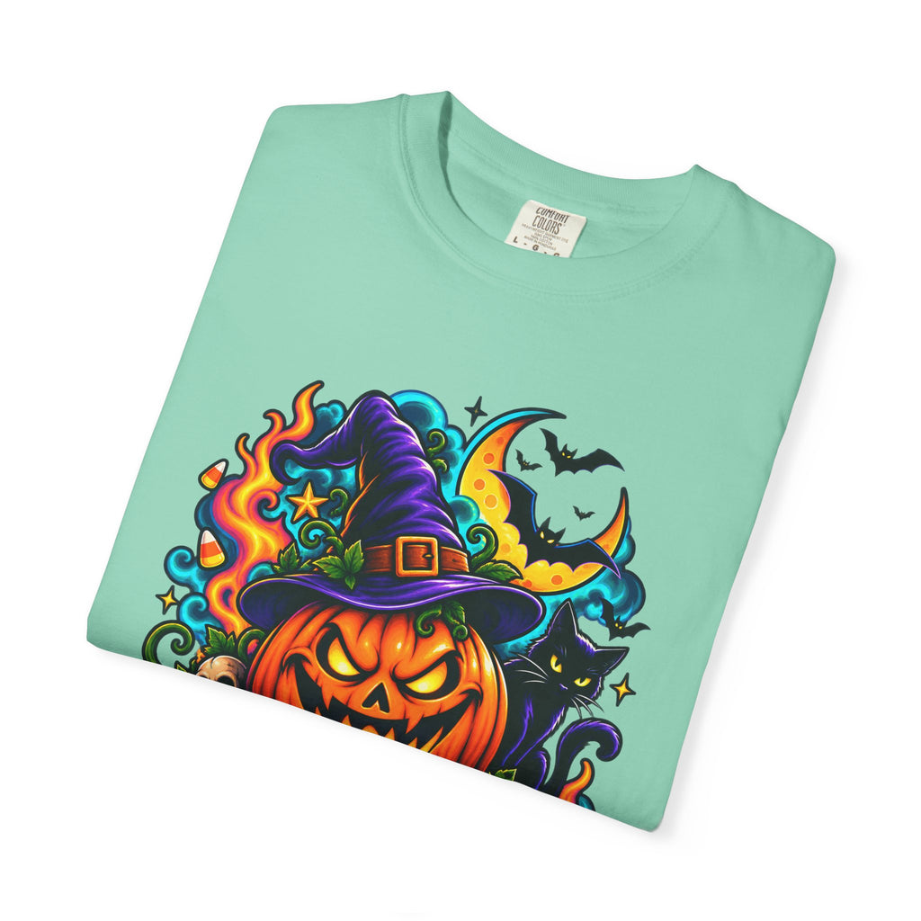 Unisex Halloween Pumpkin & Black Cat T-Shirt | Colorful Spooky Adult Tee
