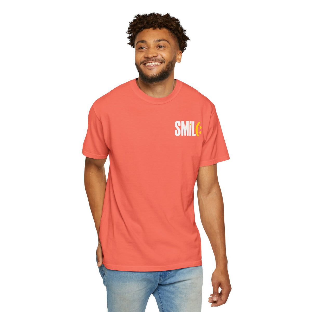 SMIL(: IT’S FREE. White & Yellow Front-and-Back Garment-Dyed Tee