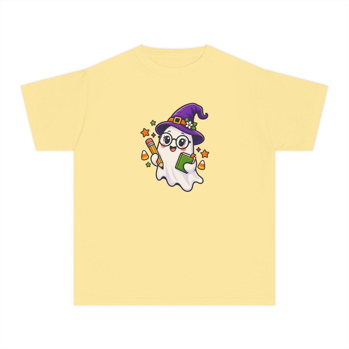 Kids Halloween Ghost Tee — Cute Witch Hat Ghost with Candy Corn & Trick-or-Treat Book