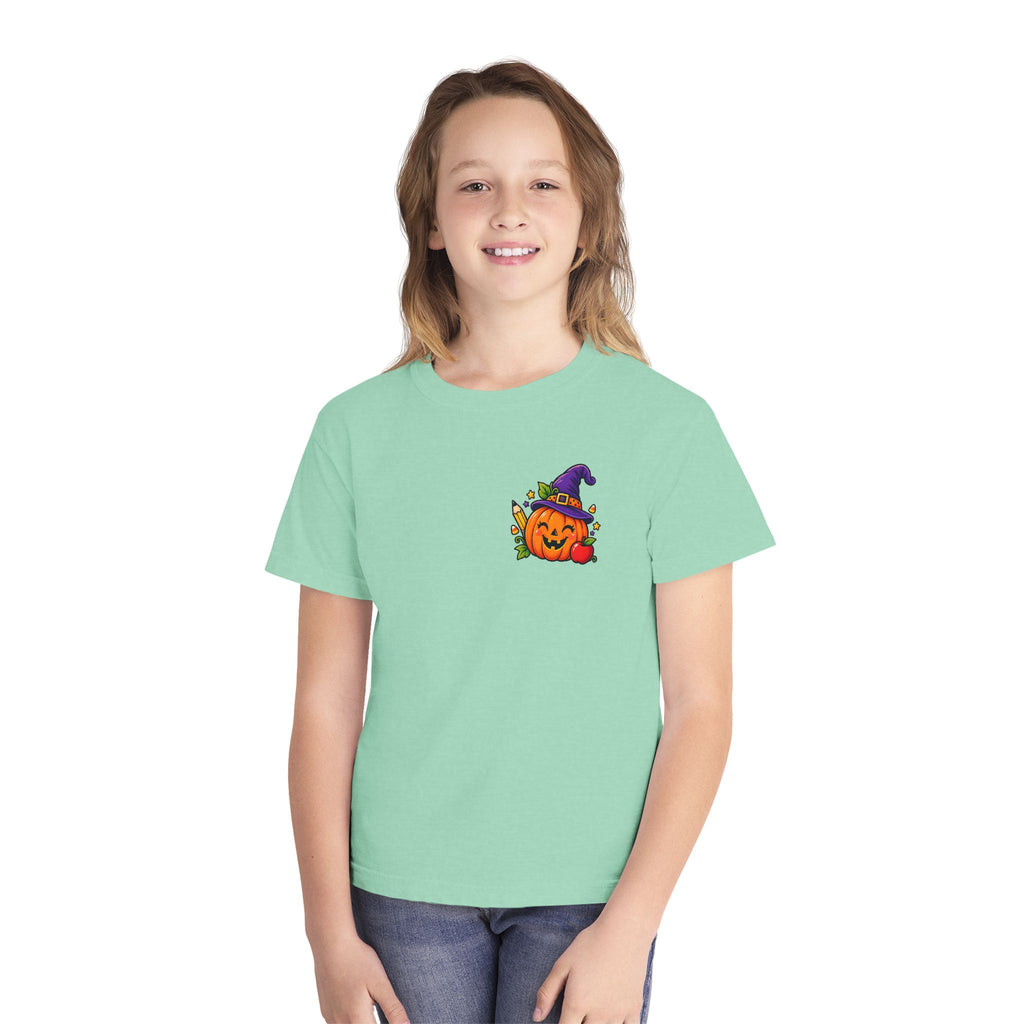 Kids Halloween Pumpkin Witch Hat Tee — Cute Jack-O'-Lantern with Apple & Pencils