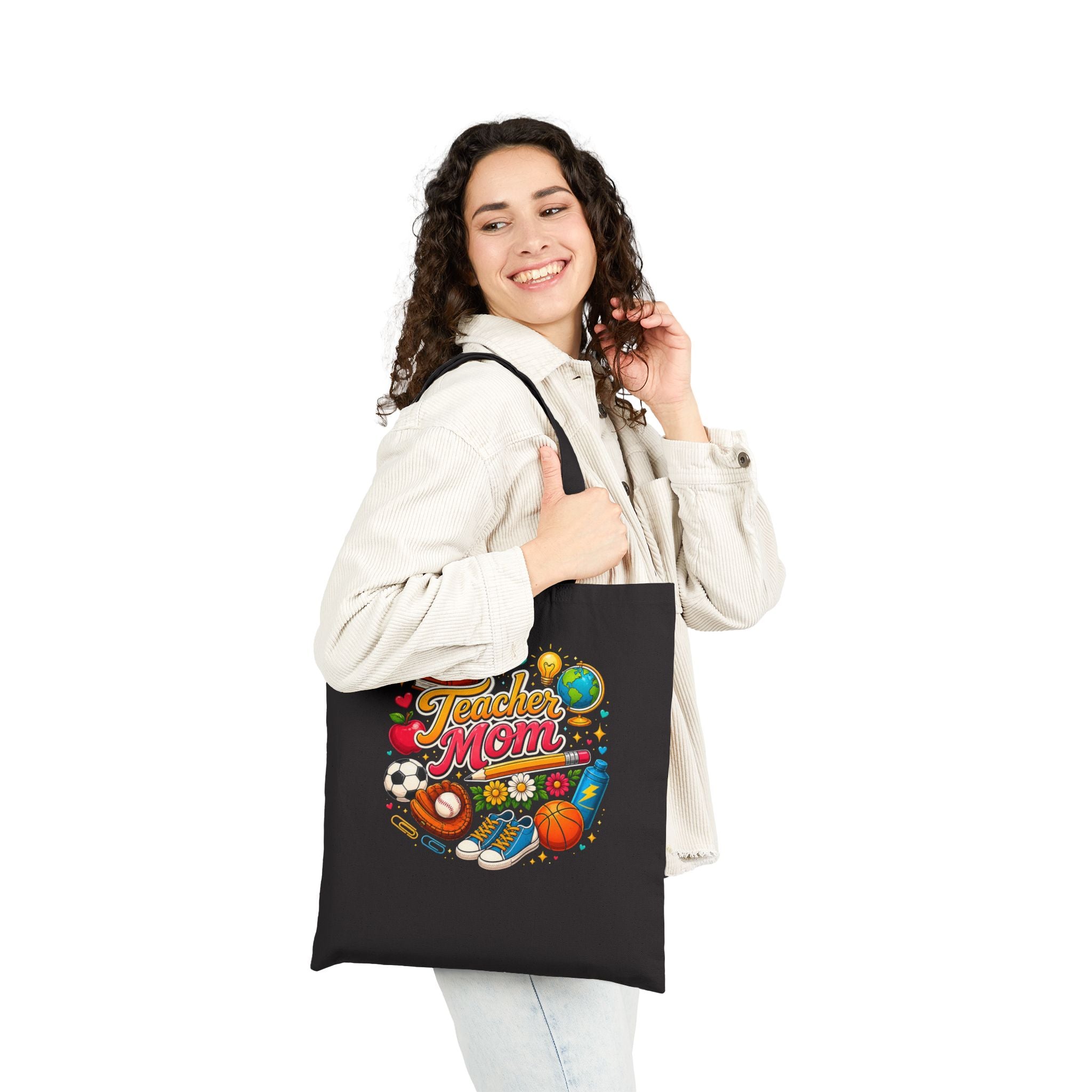 Teacher Mom Canvas Tote Bag with School Icons (Apple, Books, Sports)