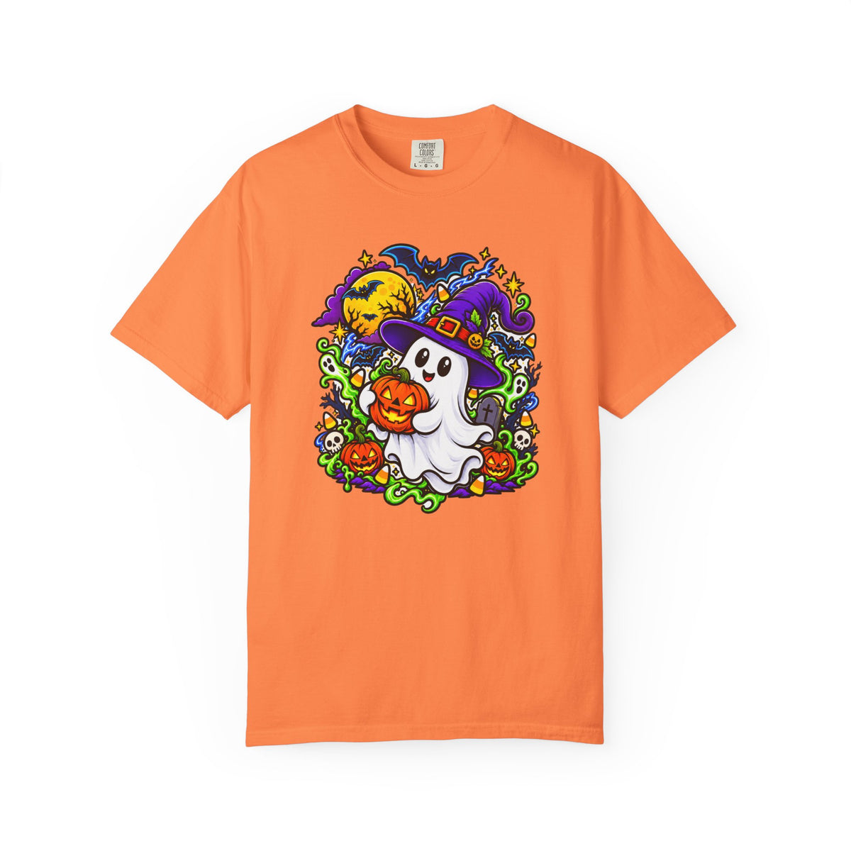 Unisex Halloween Ghost & Pumpkin Tee | Vibrant Spooky Adult Shirt