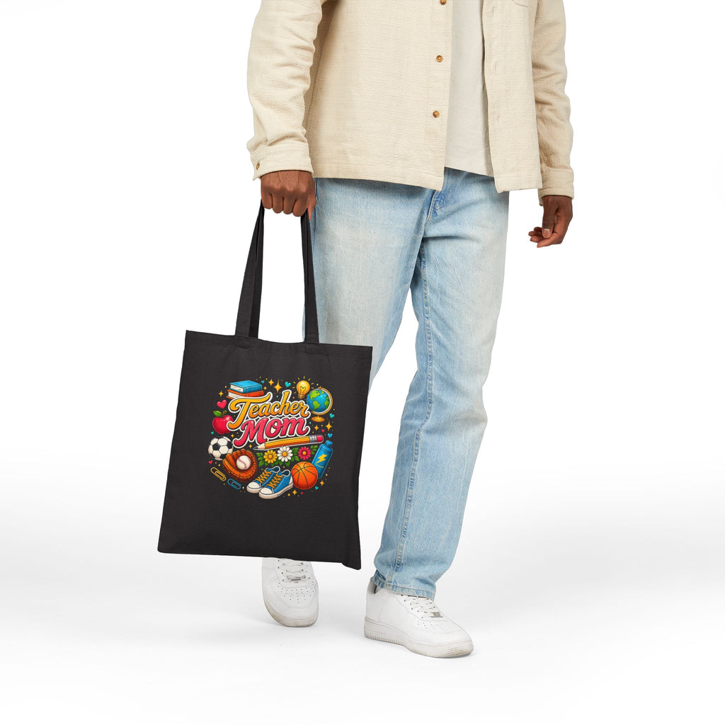 Teacher Mom Canvas Tote Bag with School Icons (Apple, Books, Sports)