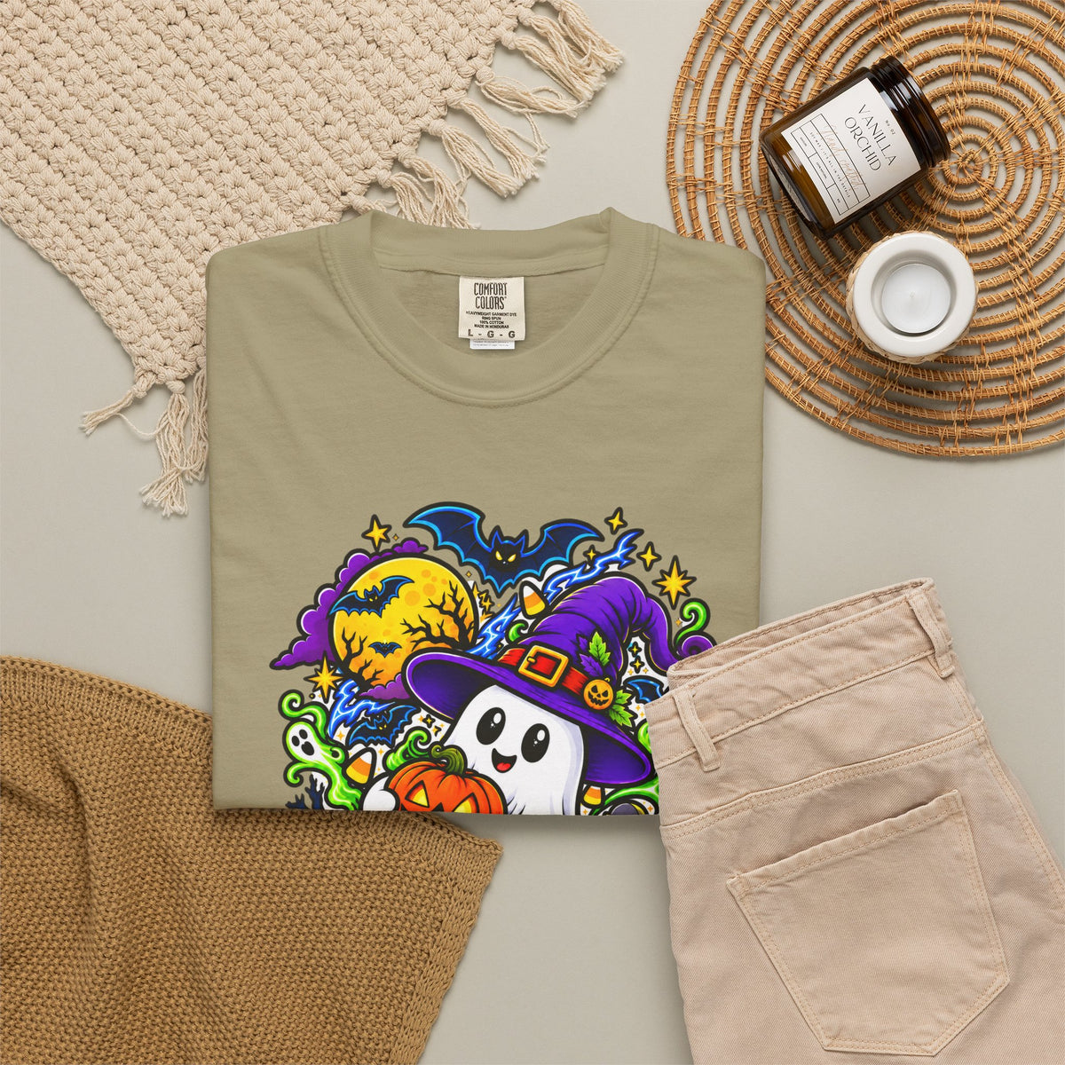 Unisex Halloween Ghost & Pumpkin Tee | Vibrant Spooky Adult Shirt