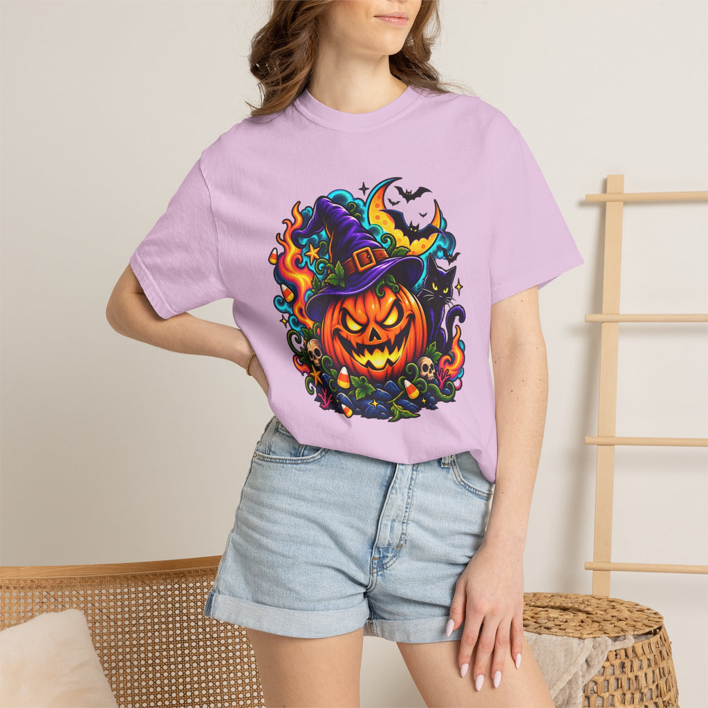Unisex Halloween Pumpkin & Black Cat T-Shirt | Colorful Spooky Adult Tee