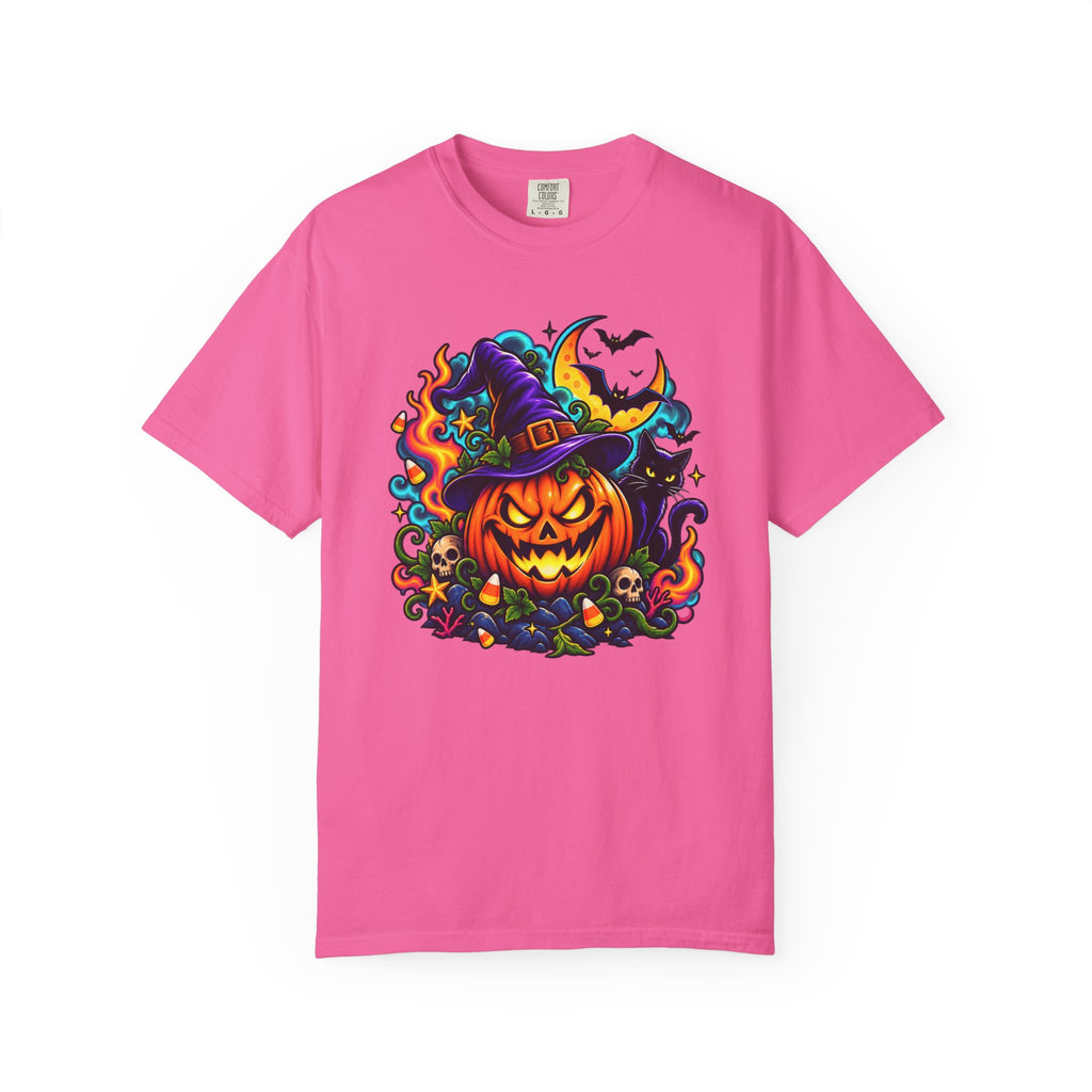 Unisex Halloween Pumpkin & Black Cat T-Shirt | Colorful Spooky Adult Tee