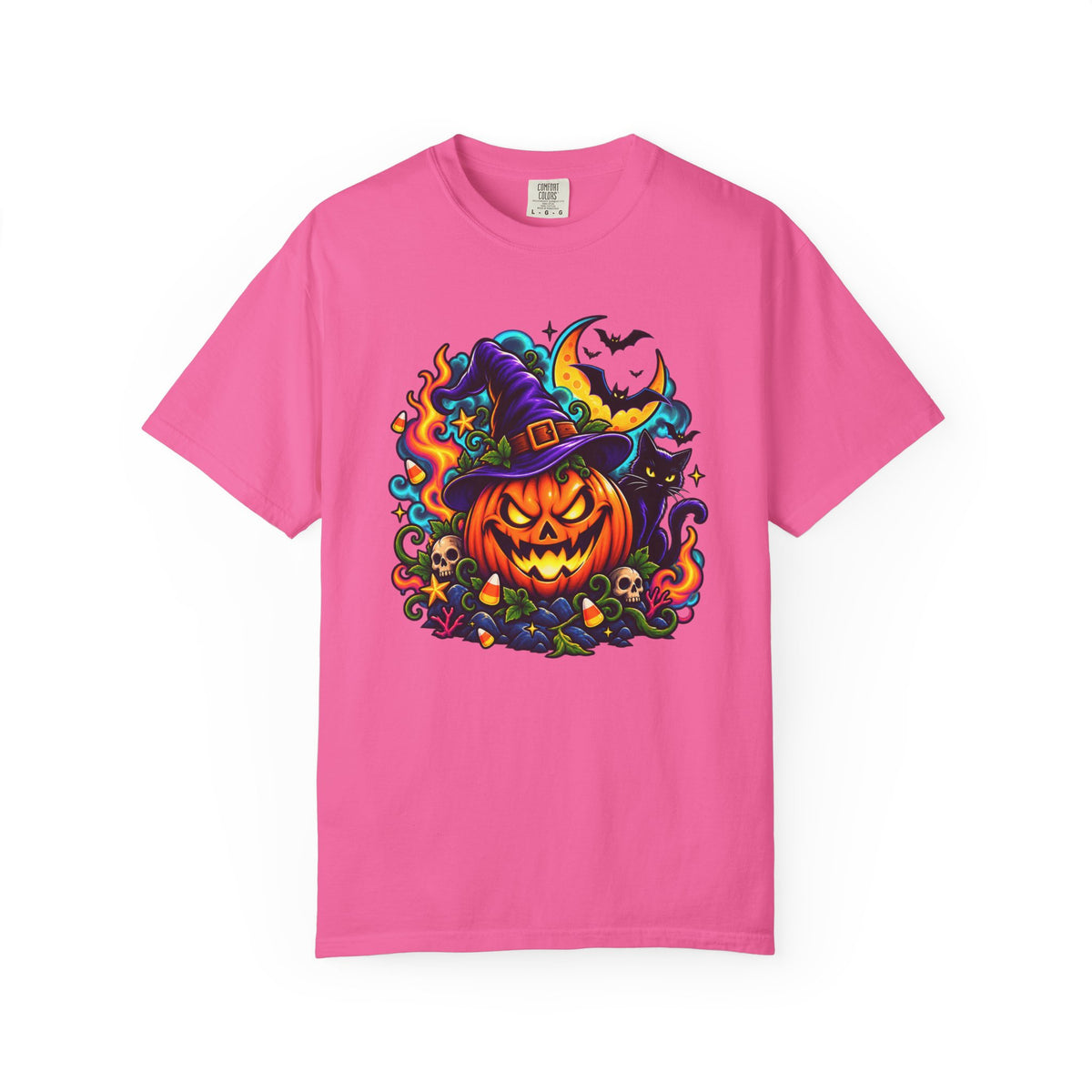 Unisex Halloween Pumpkin & Black Cat T-Shirt | Colorful Spooky Adult Tee