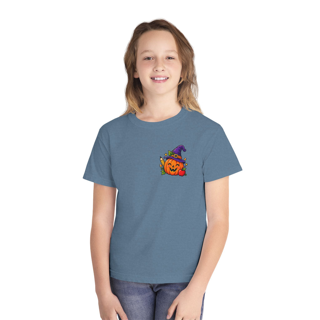 Kids Halloween Pumpkin Witch Hat Tee — Cute Jack-O'-Lantern with Apple & Pencils