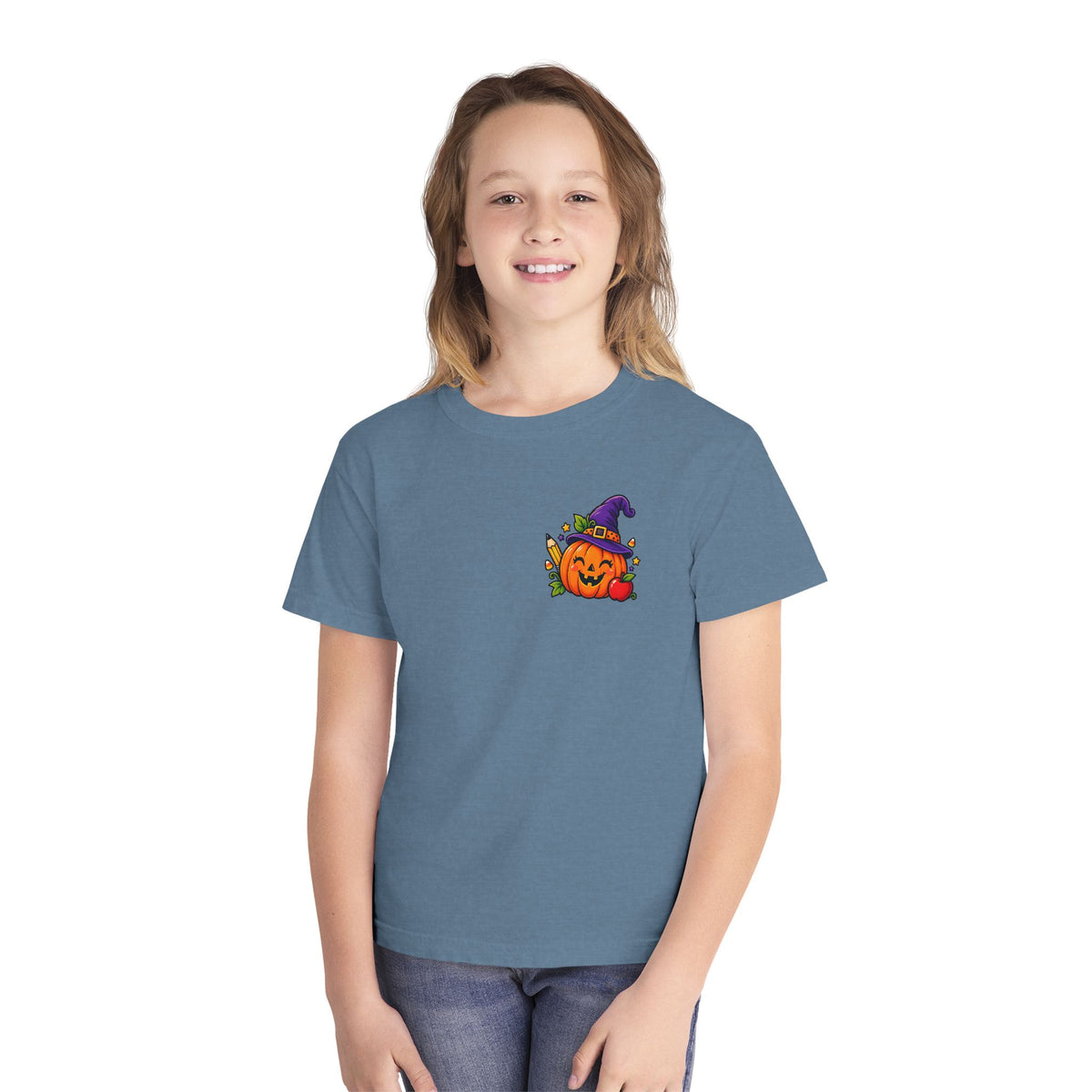 Kids Halloween Pumpkin Witch Hat Tee — Cute Jack-O'-Lantern with Apple & Pencils