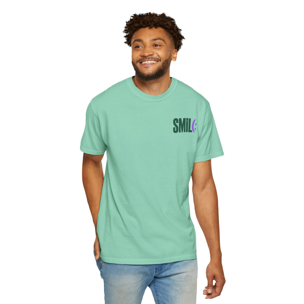 SMIL(: IT’S FREE. Green & Purple Front-and-Back Garment-Dyed Tee