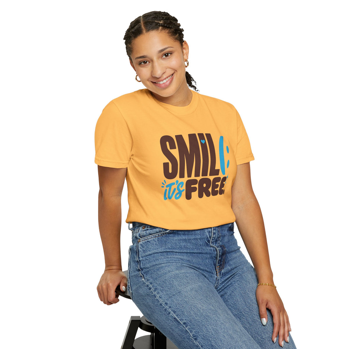 SMIL(: IT’S FREE. Brown & Bright Blue Garment-Dyed Graphic Tee