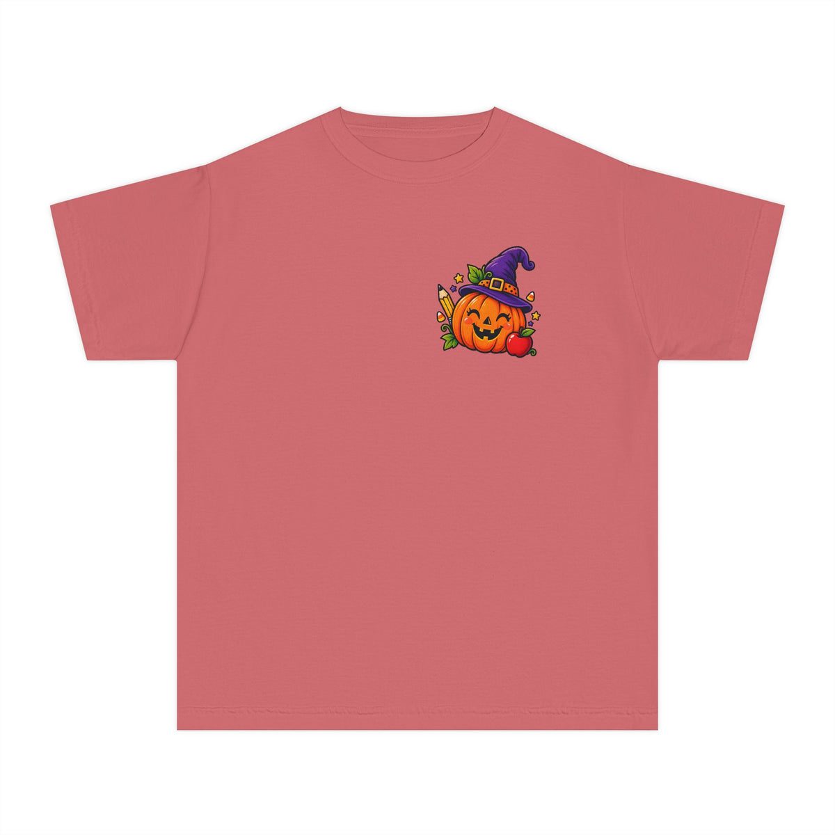 Kids Halloween Pumpkin Witch Hat Tee — Cute Jack-O'-Lantern with Apple & Pencils