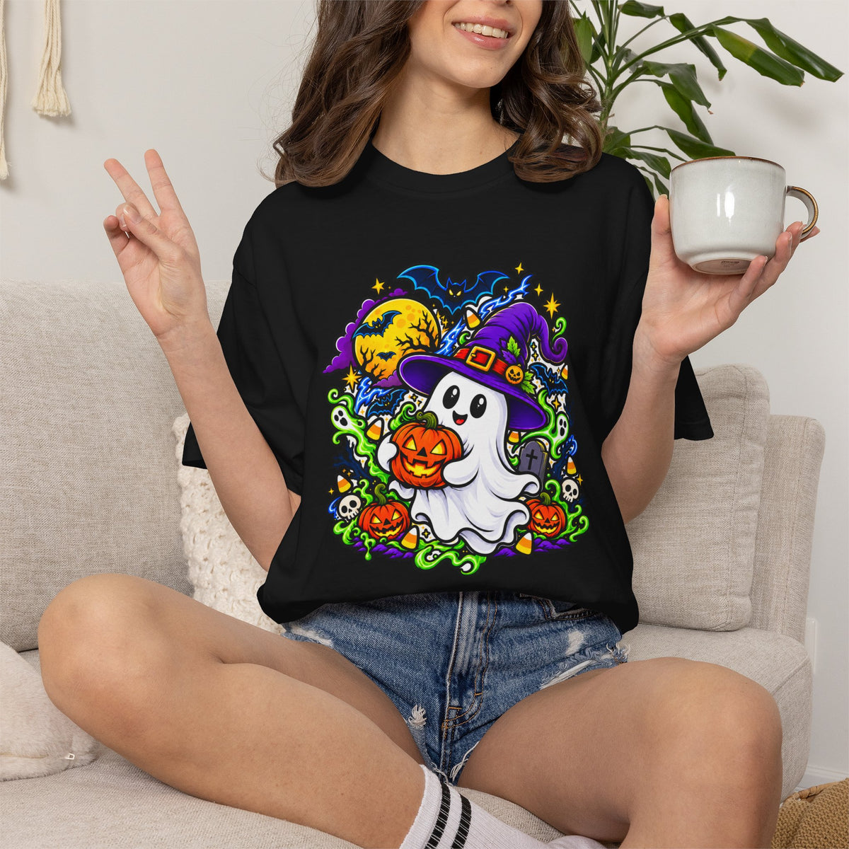 Unisex Halloween Ghost & Pumpkin Tee | Vibrant Spooky Adult Shirt