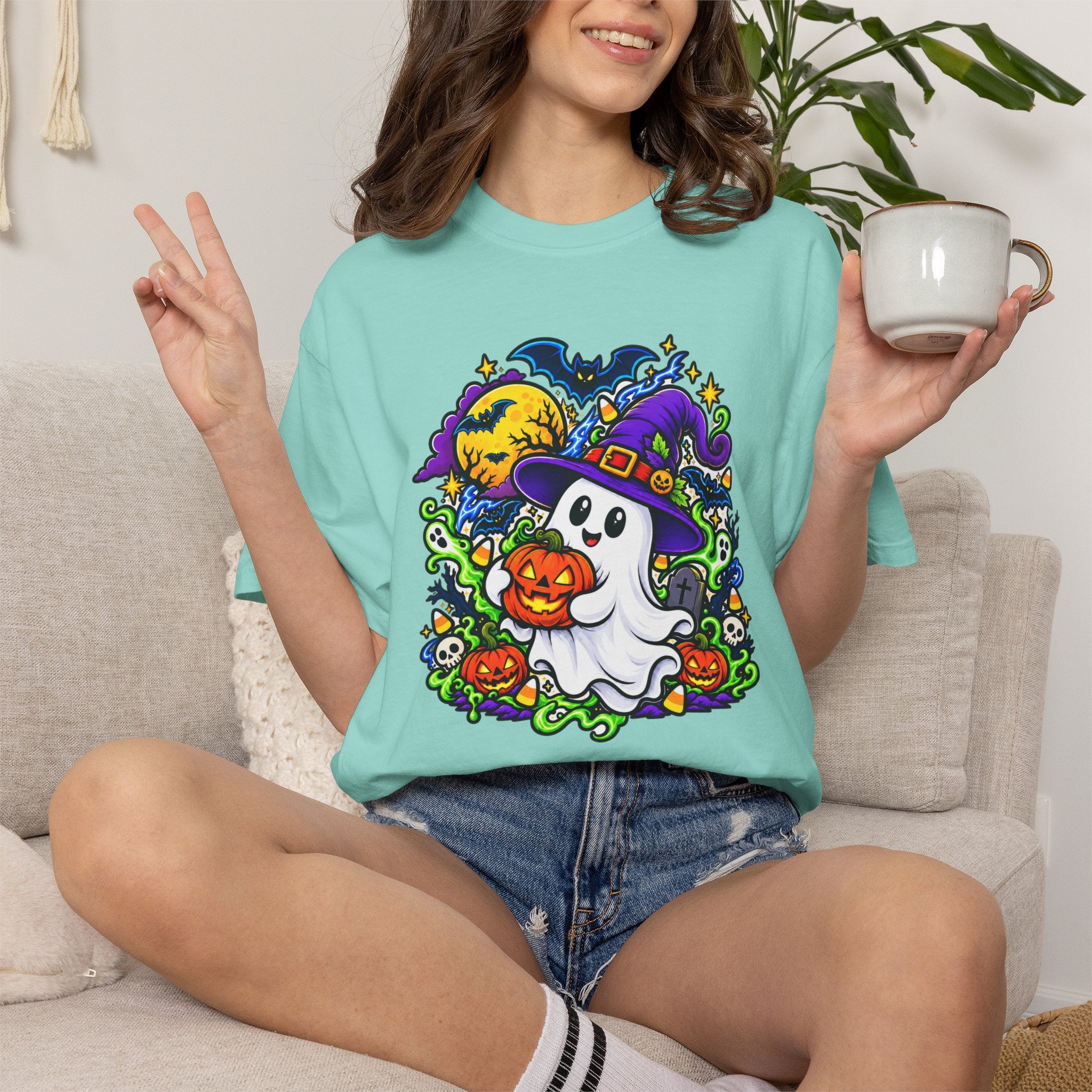 Unisex Halloween Ghost & Pumpkin Tee | Vibrant Spooky Adult Shirt