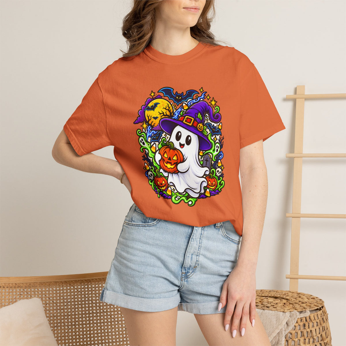 Unisex Halloween Ghost & Pumpkin Tee | Vibrant Spooky Adult Shirt