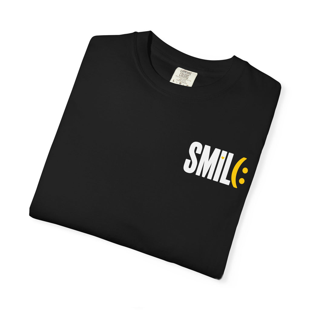 SMIL(: IT’S FREE. White & Yellow Front-and-Back Garment-Dyed Tee