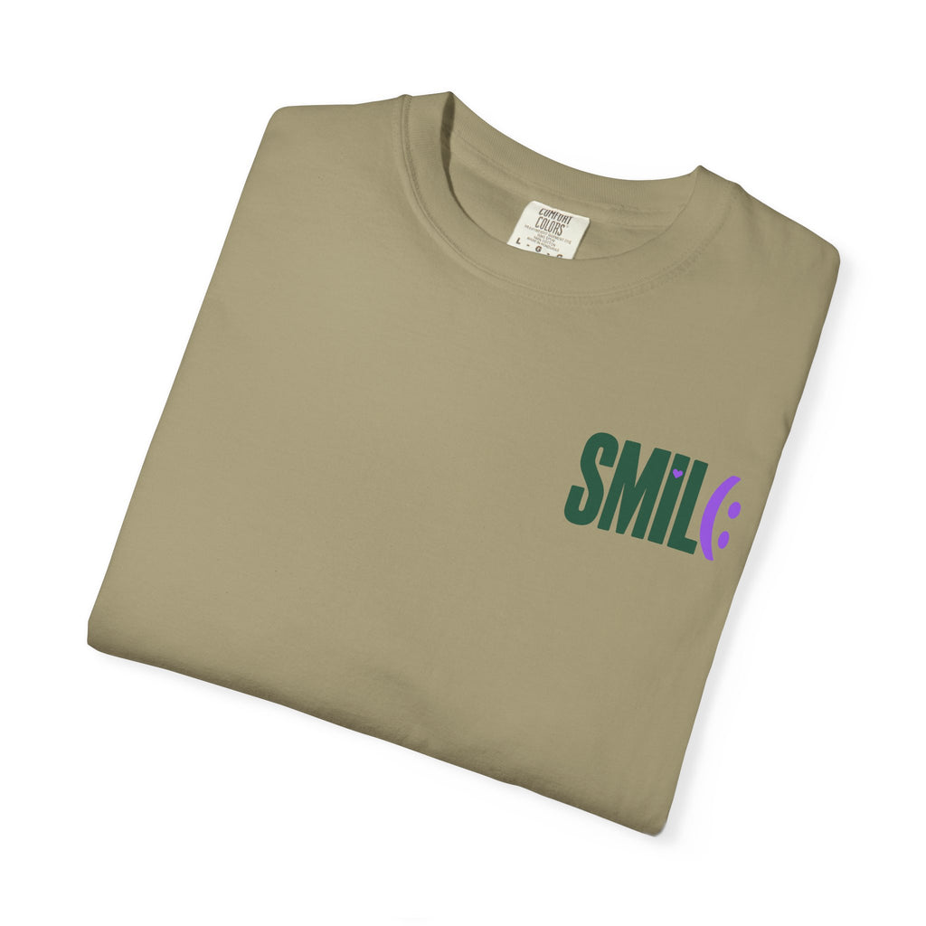 SMIL(: IT’S FREE. Green & Purple Front-and-Back Garment-Dyed Tee