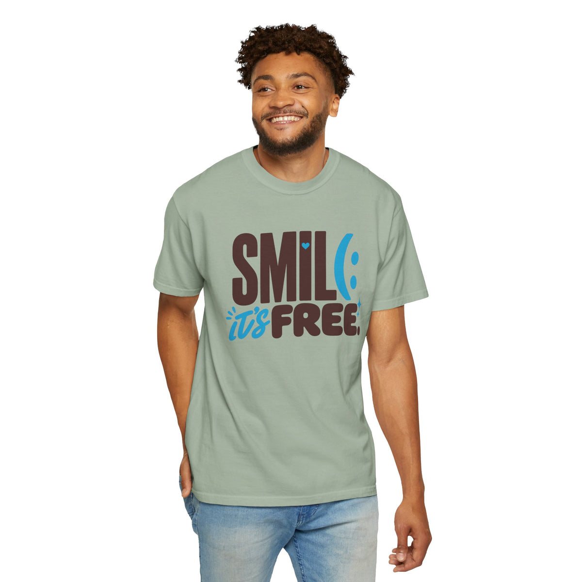 SMIL(: IT’S FREE. Brown & Bright Blue Garment-Dyed Graphic Tee
