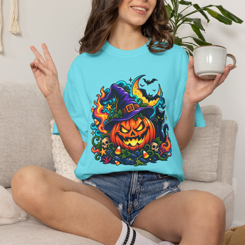 Unisex Halloween Pumpkin & Black Cat T-Shirt | Colorful Spooky Adult Tee